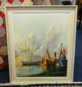 Terry Berke, oil on canvas, 'Fishing boats, Sutton Harbour', 54cm x 44cm.