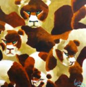 Lee Woods (b1964), oil on wrap around board Genetic Zoo Series. 'The Lionesses, 1998', signed 50cm x