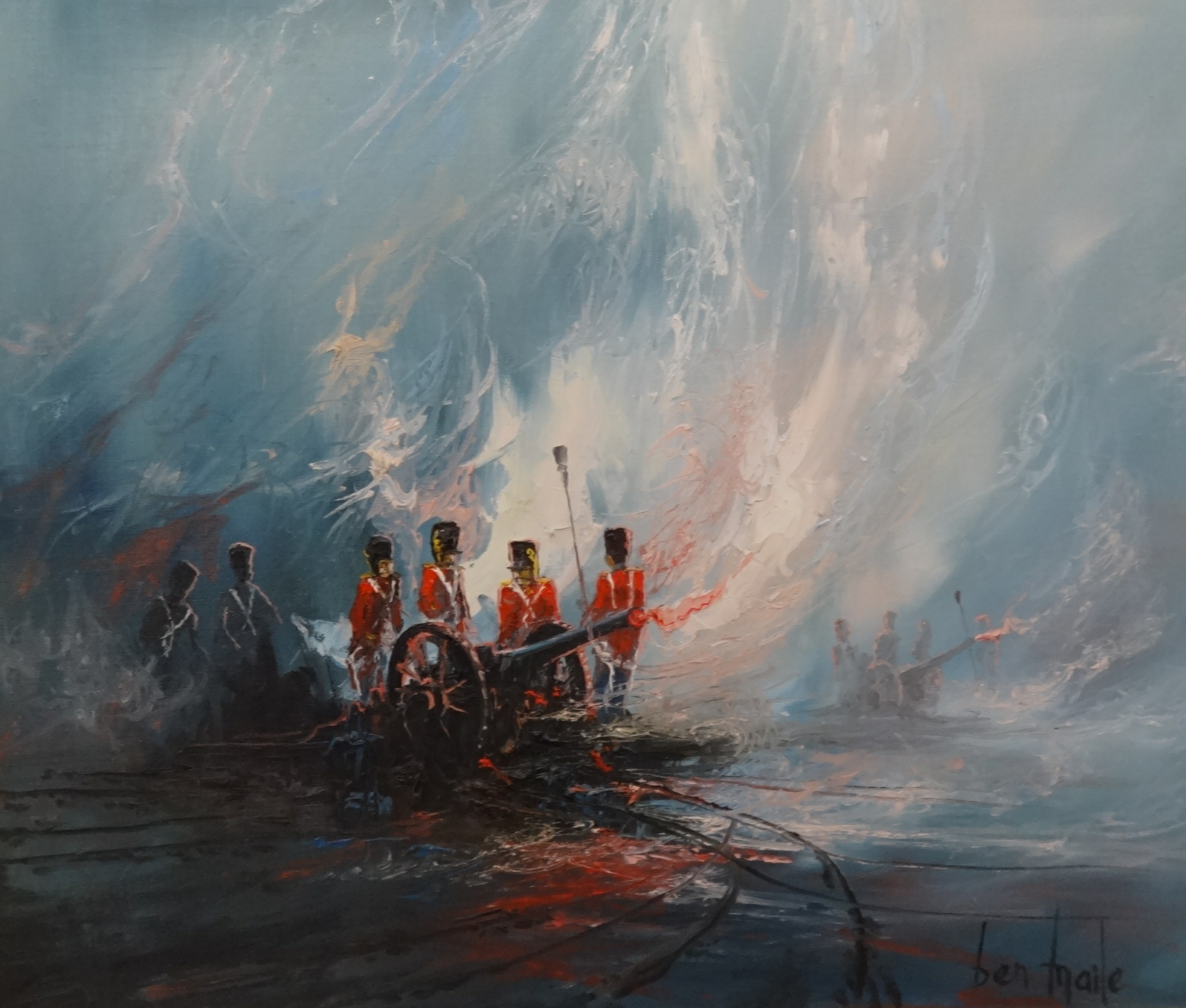 Ben Maile (1922-2007) oil on canvas 'Shot, Flame and Smoke', signed, 50cm x 62cm. - Image 2 of 2