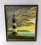 William Hawton (Plymouth Artist), oil on board 'Smeaton's Tower, Early Evening', 60cm x 50cm.