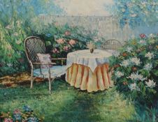 K Wallis, oil on canvas 'Garden scene', 39cm x 50cm.