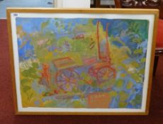 Ben Hartley (1933-1996) gouache on paper, 'Garden, Cart, Rocking Chair' 72cm x 55cm. Provenance