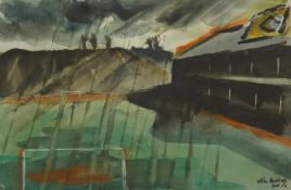 John Melville (1902-1986), British Surrealist, watercolour 'Storm over Villa Park', signed and dated