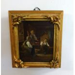 20th century, miniature Dutch oil on panel 'Interior Scene with Figures', indistinctly signed, M.