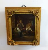 20th century, miniature Dutch oil on panel 'Interior Scene with Figures', indistinctly signed, M.