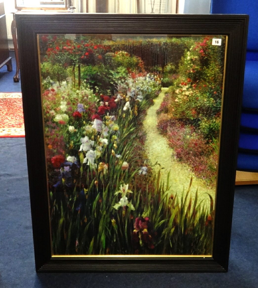 A contemporary print 'Wild Flowers' in a heavy black frame, overall size 104cm x 80cm.