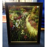 A contemporary print 'Wild Flowers' in a heavy black frame, overall size 104cm x 80cm.