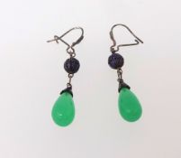 A pair of jade drop earrings with enamelled ball decoration.