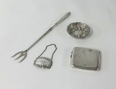 Silver cigarette case, toasting fork with silver twist handle, silver dish and rum decanter label (