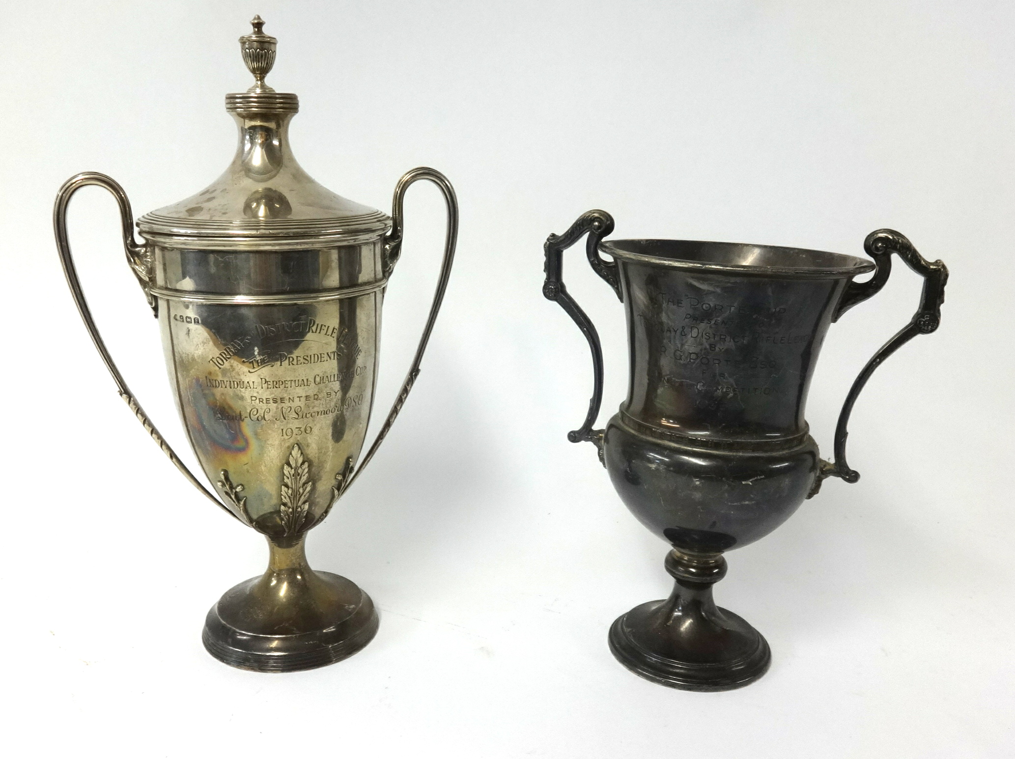 A Geo V silver trophy with lid and inscription 'Torbay and District Rifle League' together with