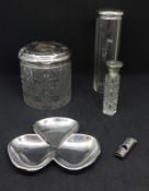 Silver topped string box, two silver bottles, dish and a whistle (5).