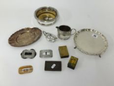 Collection of silver plated wares including salver, coaster, mustard pot also pair of silver buckles