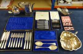 A collection of silver plated ware including cased Mother of Pearl handled fish set, coffee