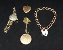 A 9ct gold bracelet, pendant and locket, approx 24gms together with a ladies Cyma 1950's