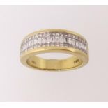 Three row diamond half eternity ring, central row comprising baguette cut diamonds, outer borders