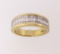 Three row diamond half eternity ring, central row comprising baguette cut diamonds, outer borders