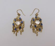 A pair of drop earrings set with white stone, stamped 9 & 18ct approx 12.6gms, together with a