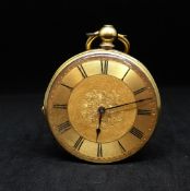 An Antique 18ct gold fob watch, diameter 40mm with a decorative back plate, stamped 18K, 11856.