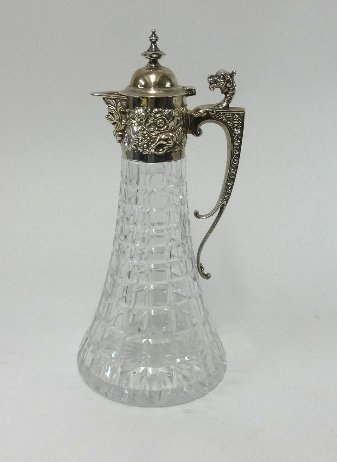 Modern silver and pressed glass claret jug, 1977 maker R & B.