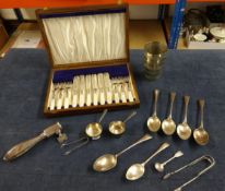 A cased fish set with mother of pearl handles, various items including EP meat joint holder, beaker,