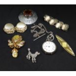 Silver fob watch, costume jewellery including Scottish brooch.