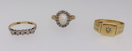 Antique 18ct diamond set ring and two other 18ct rings, approx 12.6gms.