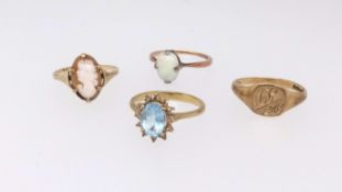 Four 9ct gold dress rings including cameo set, opal, signet and cluster total weight, approx 8.