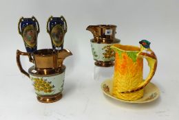 A pair of copper lustre jugs, pair Vienna marked porcelain vases and Burleigh ware jug etc (7).