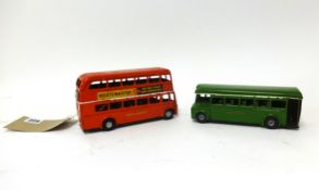 Two Triang Minic Routemaster buses M214 and 52M early 1960's push and go tinplate 1/43 scale.