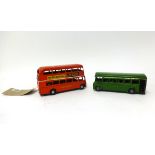 Two Triang Minic Routemaster buses M214 and 52M early 1960's push and go tinplate 1/43 scale.