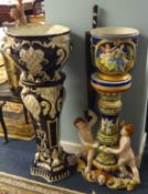 A spelter sculpture table lamp, three decorative jardinière's with pedestals also a large majolica