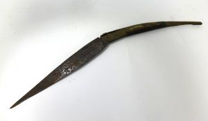 A folding dagger with horn, brass and wood mounts, overall length approx 60cm.
