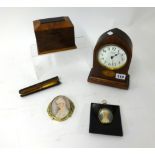 Edwardian style small mantle clock with inlaid mahogany case, walnut money box, miniature portrait