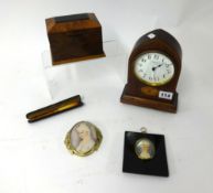 Edwardian style small mantle clock with inlaid mahogany case, walnut money box, miniature portrait