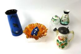 An Art Deco glass sherry set, Jasper ware Wedgwood biscuit barrel, two carnival glasses and