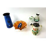 An Art Deco glass sherry set, Jasper ware Wedgwood biscuit barrel, two carnival glasses and