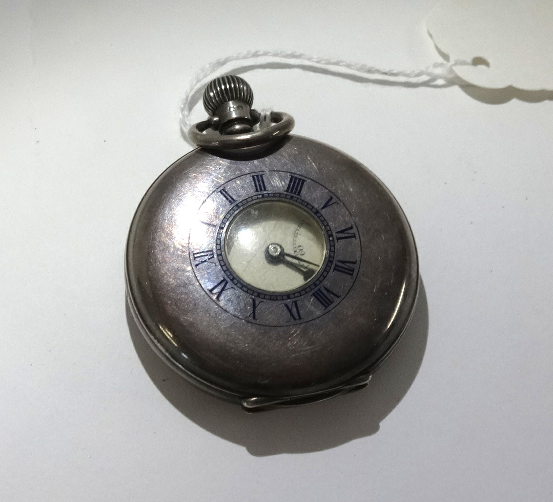 Silver half hunter keyless pocket watch (faults).