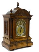 A good large Victorian oak cased mantle clock with chiming movement on a rack of gongs, the case