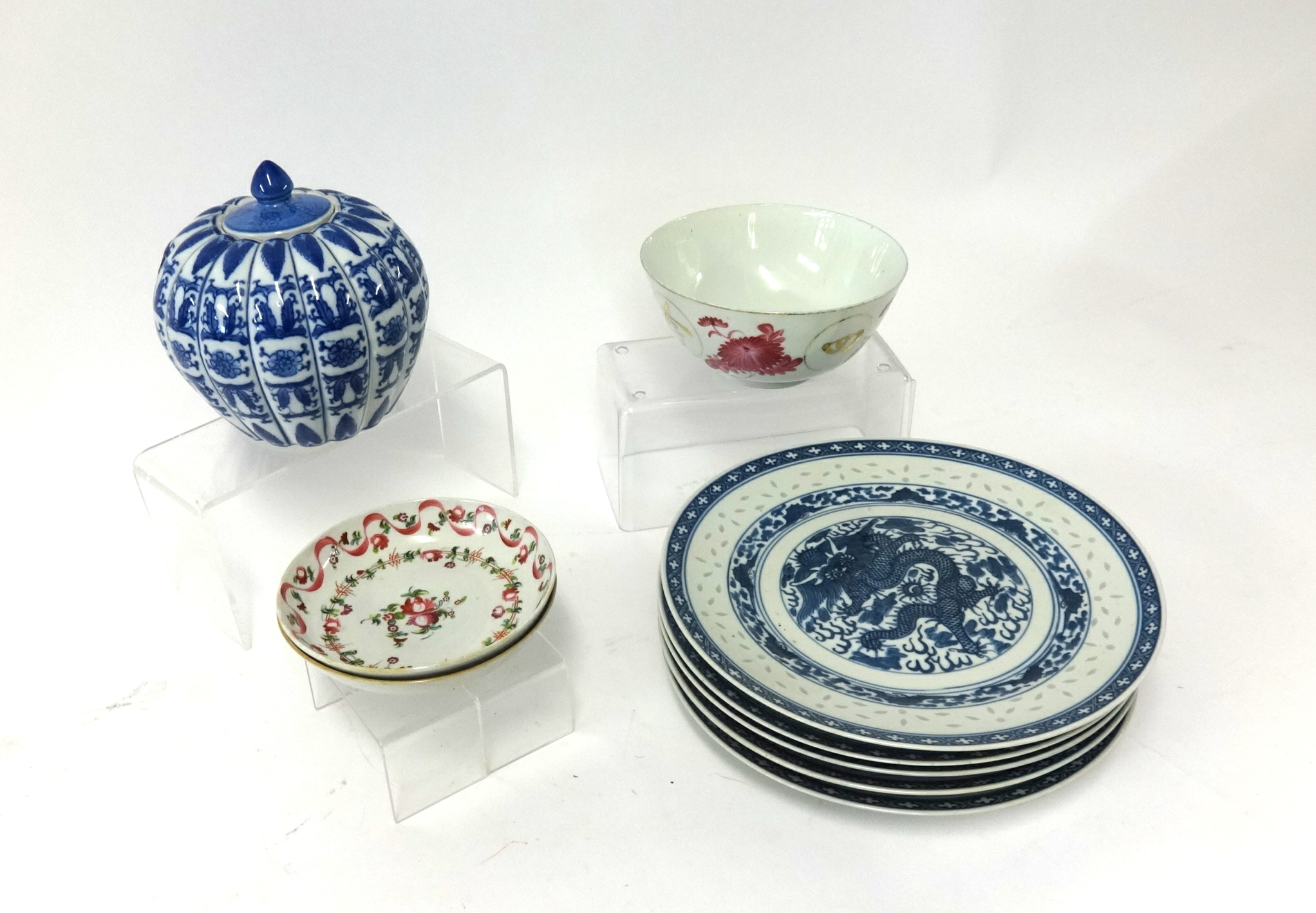 20th Century oriental blue and white porcelain plate 'rice decoration' and other porcelain.