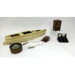 A model Meccano boat, puzzle ball, novelty wood ware, swan fountain pens, boxed card games,