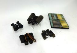 Four pairs of binoculars, four sets of fish knives and forks (3 boxed), various pewter ware etc.