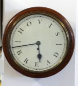 A mahogany dial clock with fusee movement marked 'Hovis Bread Sold Here', with key and pendulum (