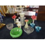 A 19th Century and later glass ware including epergne, a pair of opaline glass vases, single