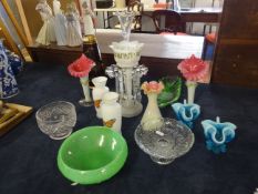 A 19th Century and later glass ware including epergne, a pair of opaline glass vases, single