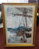 After Montague Dawson, sailing print in gilt frame, 89cm x 59cm