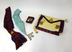 Of Masonic interest, a collection of regalia, aprons, silver and gilt jewels circa 1966,