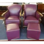 Two Victorian wood framed armchairs with later purple leather upholstery and similar pouffes.