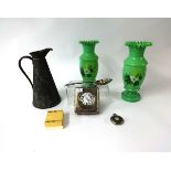 An Art Nouveau copper jug, Victorian opaline glass vases, silver cased pocket watch and silver