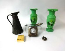 An Art Nouveau copper jug, Victorian opaline glass vases, silver cased pocket watch and silver