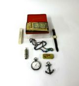 Various costume jewellery, coins, vintage watches, silver open face and keyless pocket watch,